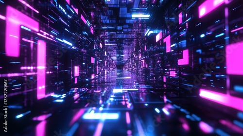 Fototapeta Naklejka Na Ścianę i Meble -  vibrant neon lit digital corridor stretches into distance futuristic abstract landscape