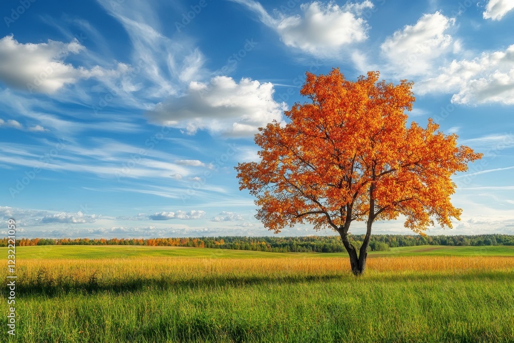 Lone autumn tree in field, vibrant sky, fall foliage Lone autumn tree in field, vibrant sky, fall foliage