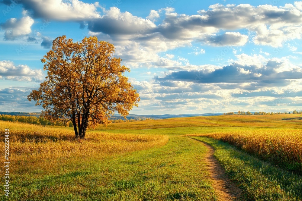 Lone autumn tree, rural path, rolling hills, sunny sky, idyllic landscape Lone autumn tree, rural path, rolling hills, sunny sky, idyllic landscape