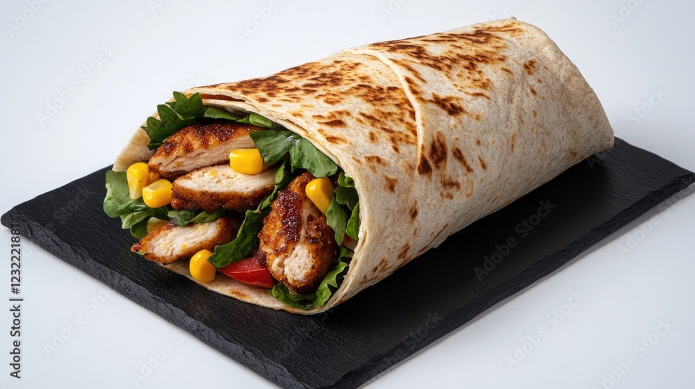 A flavorful chicken wrap filled with grilled chicken, corn, and fresh greens is topped with a creamy sauce and garnished with herbs, presented on a sleek slate plate A flavorful chicken wrap filled with grilled chicken, corn, and fresh greens is topped with a creamy sauce and garnished with herbs, presented on a sleek slate plate