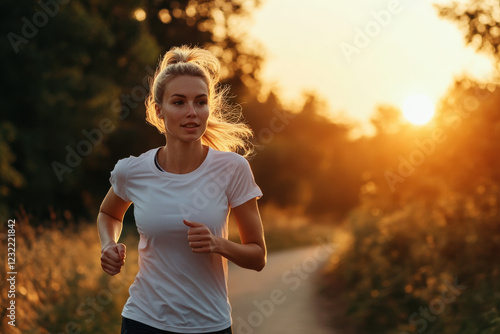 A woman is running in a forest with the sun shining on her photo