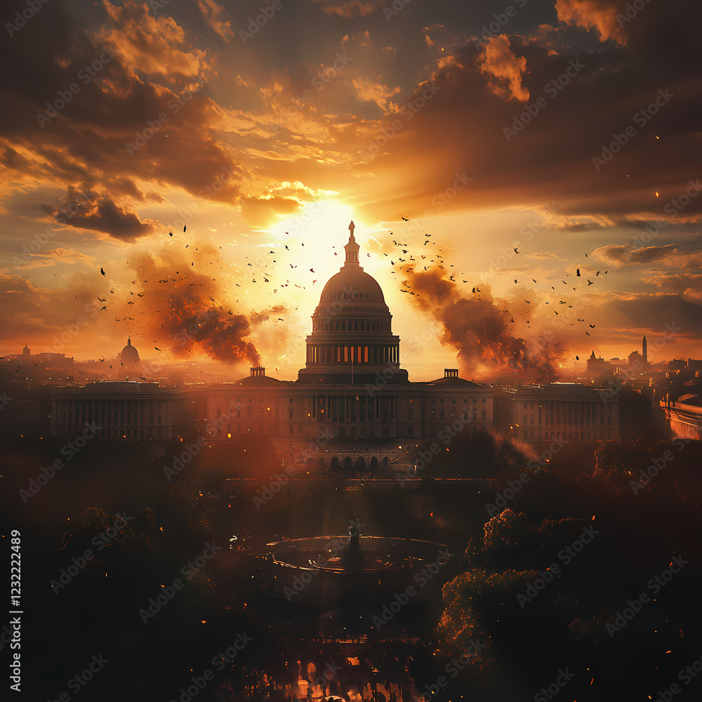 Obraz premium Sunset over the Capitol building creates a dramatic atmosphere. Generative AI