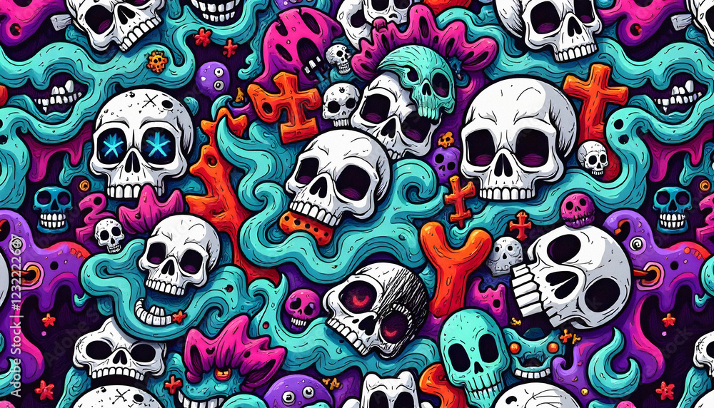 Trash Style illustration of colorful Skulls pattern Trash Style illustration of colorful Skulls pattern