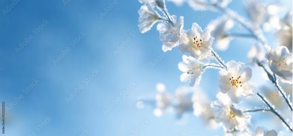 Frosty white blossoms, sunny sky, spring Frosty white blossoms, sunny sky, spring