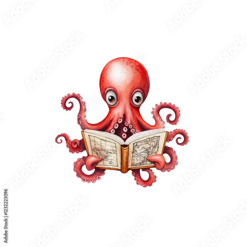 A whimsical octopus reading a book, featuring vibrant colors and a playful expression, perfect for children's themes and educational content. photo