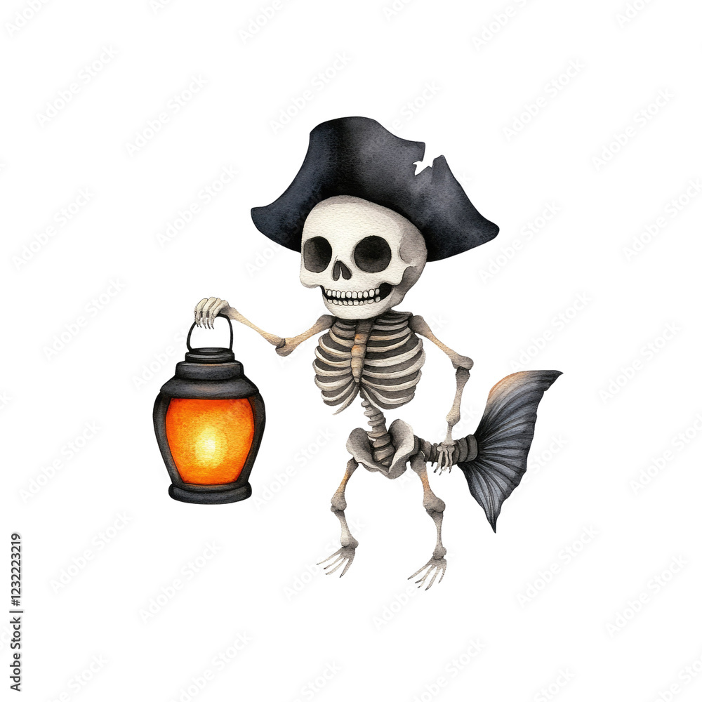 Naklejka premium A whimsical pirate skeleton holding a lantern, perfect for Halloween or spooky themes.