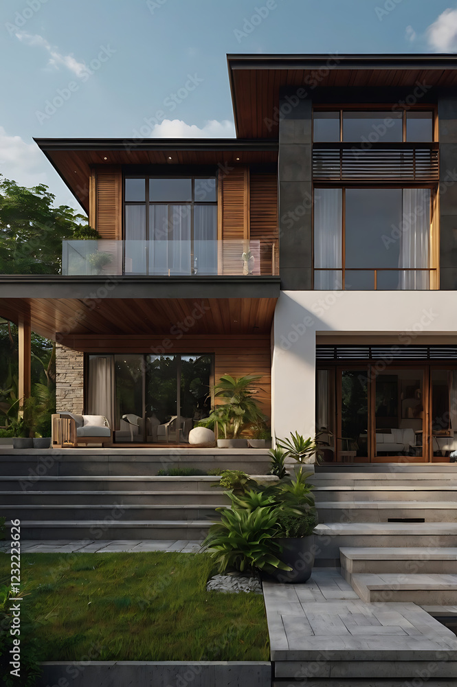 Obraz premium Modern Architectural Design: Luxurious House Exterior with Stunning Landscaping
