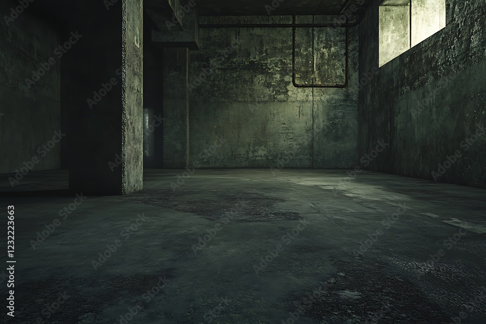 An empty concrete chamber rendered in 3D, with faintly lit walls, produces a bleak and industrial feel. An empty concrete chamber rendered in 3D, with faintly lit walls, produces a bleak and industrial feel.