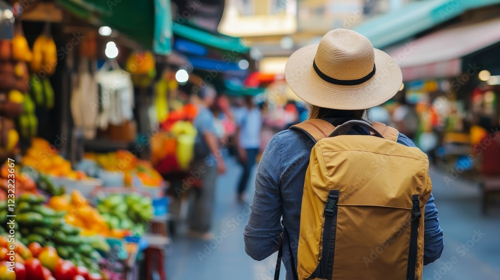 Adventurous traveler relishes in a lively market atmosphere with hat and backpack Adventurous traveler relishes in a lively market atmosphere with hat and backpack