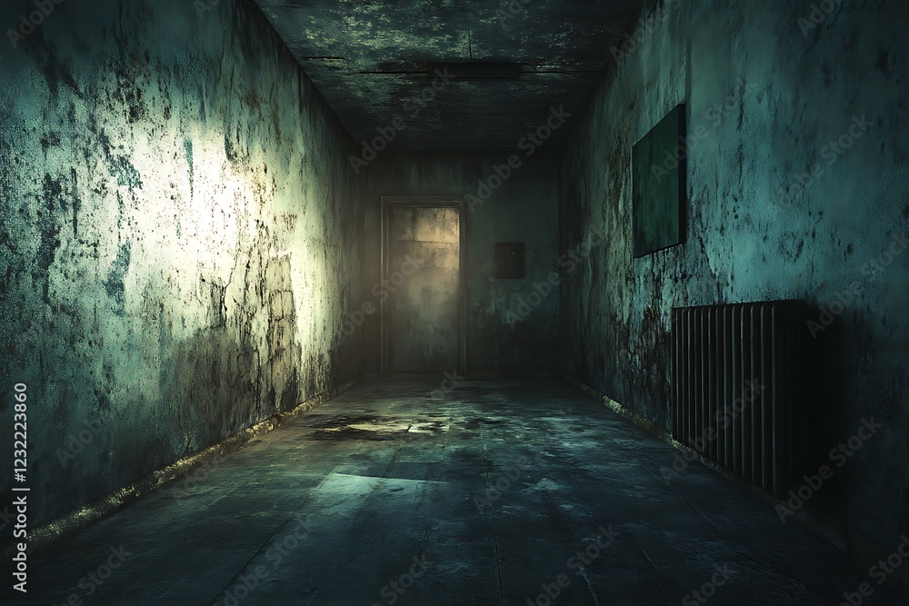 Fototapeta premium A 3D rendering of an unoccupied concrete room with poorly lit walls establishes a shadowy and gritty ambiance.