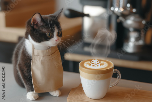  Funny barista cat wearing an apron, proudly presenting a freshly made latte with perfect foam art
