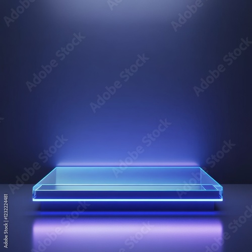 Minimalist Display Platform with Blue Neon Lighting in Studio Setting