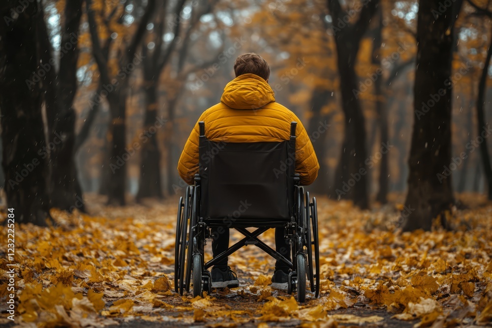 A Person In A Yellow Jacket Sits In A Wheelchair In An Autumnal Park. The Scene Is Quiet And Contemplative. A Person In A Yellow Jacket Sits In A Wheelchair In An Autumnal Park. The Scene Is Quiet And Contemplative.