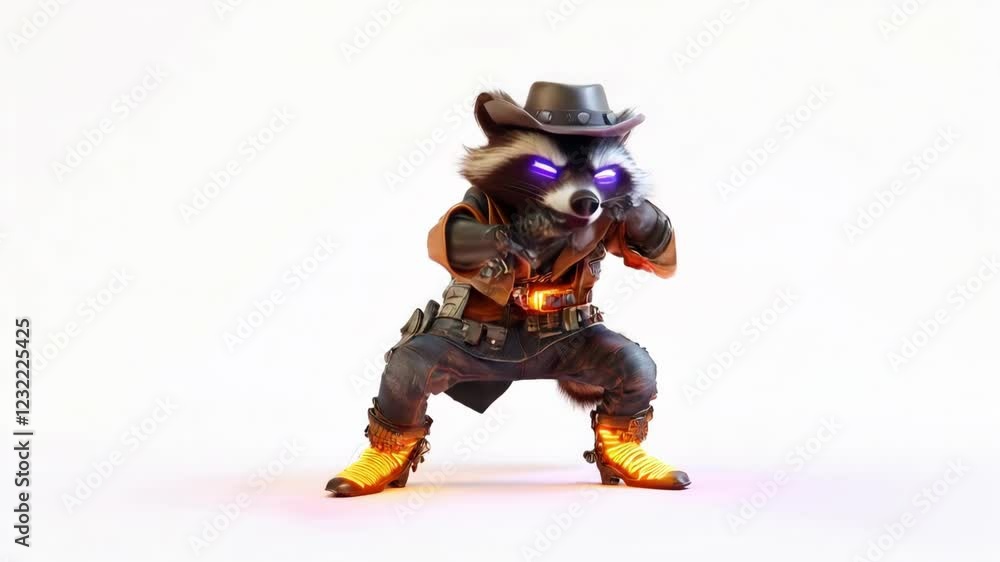 Raccoon Cowboy Dances with Slick Moves: 3D Animation on a White Background. Seamless Loop. Perfect for Entertainment, Parties, and Creative Projects. Raccoon Cowboy Dances with Slick Moves: 3D Animation on a White Background. Seamless Loop. Perfect for Entertainment, Parties, and Creative Projects.