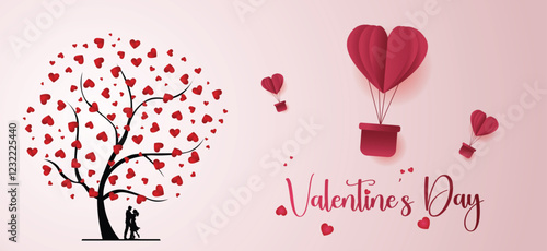 happy Valentine day 14 February couple with love tree  Gift boxes with heart balloon vector poster