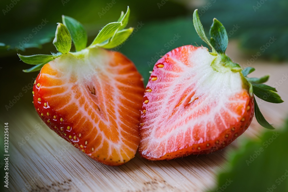Juicy Strawberry Halves. Two halves of a fresh, ripe strawberry showcase their vibrant red color and juicy texture.
