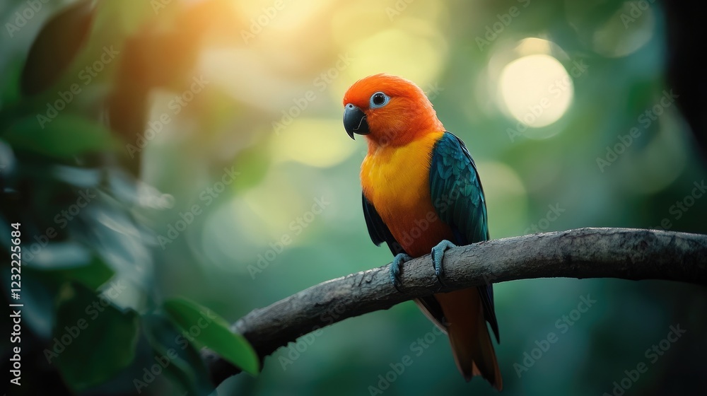Sun Conure Perched on Branch in Lush Forest Sun Conure Perched on Branch in Lush Forest