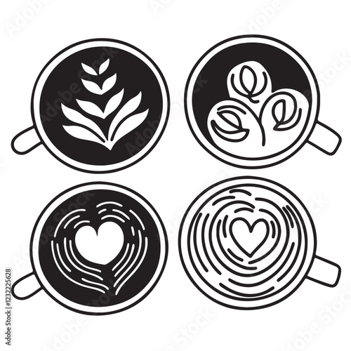 Hot coffee menu. Front view. Latte, cappuccino, americano, espresso, mocha, cocoa. Vector illustration.