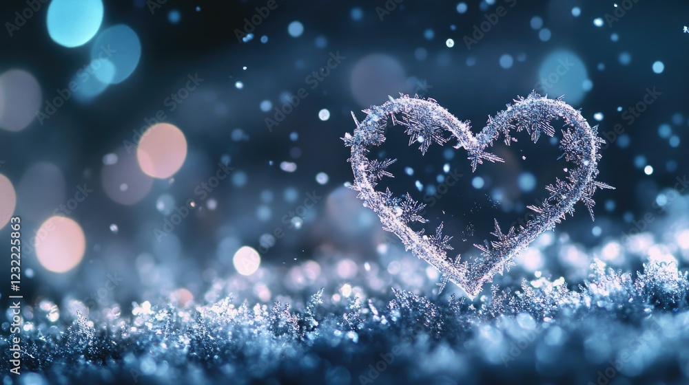 Fototapeta premium A heart-shaped snowflake gently falling on a dark background, with soft bokeh lights creating a magical winter scene.