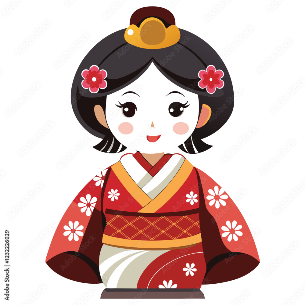 A meticulously crafted ceramic doll, adorned in a vibrant, authentic Japanese kimono, showcasing intricate details of the garment and doll's features. A meticulously crafted ceramic doll, adorned in a vibrant, authentic Japanese kimono, showcasing intricate details of the garment and doll's features.