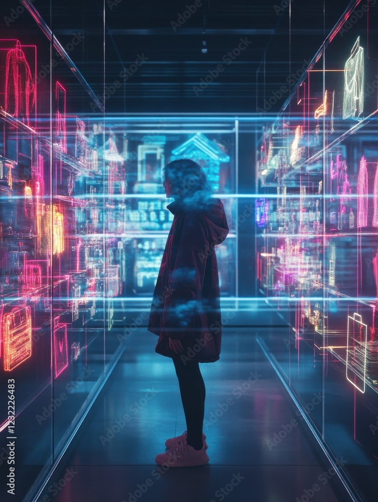 Blockchain-powered e-commerce, holographic shopping interface, futuristic retail environment Blockchain-powered e-commerce, holographic shopping interface, futuristic retail environment