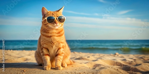 Fototapeta Naklejka Na Ścianę i Meble -  A cute orange cat sits on a sandy beach wearing trendy sunglasses and looking relaxed as it gazes out at the horizon, vacation