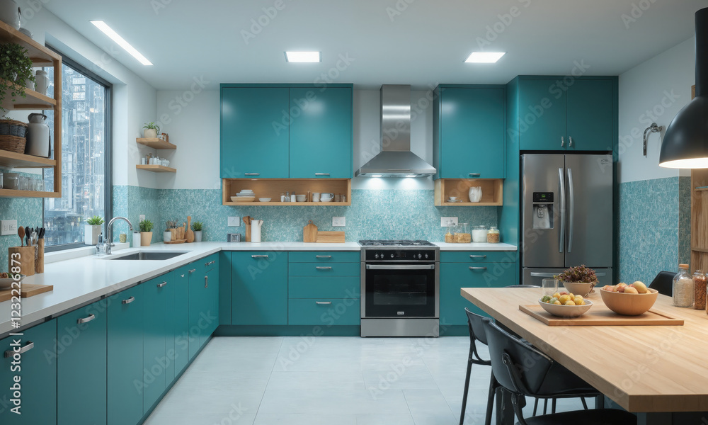 Fototapeta premium AI-enhanced kitchen in cool aqua, with smart countertops that detect ingredients and suggest recipes, and interactive refrigerators that manage inventory