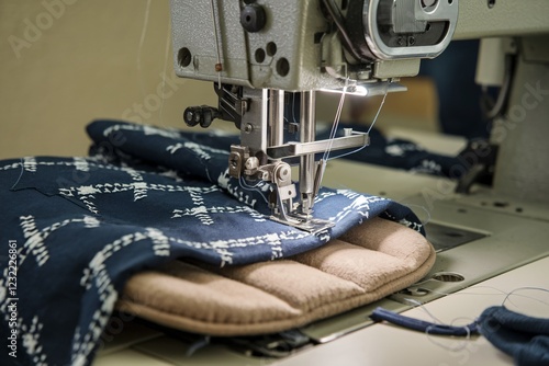 Sewing Machine Stitching Fabric. Close-up of a sewing machine in action, stitching a patterned navy blue fabric onto a padded beige material. photo