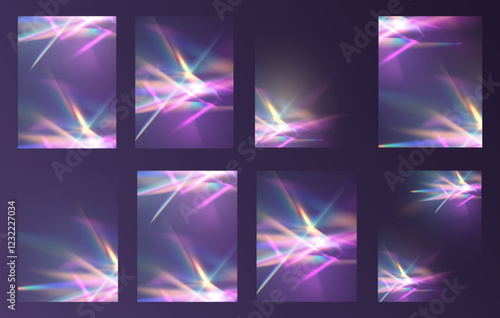 Crystal rays of light, prism refraction, lens flare, crystal glass reflection effect. Prism vector, realistic light leak effect with spectral flare. Bright light banner, poster, template.