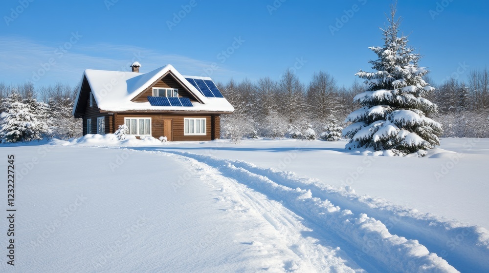 Sleek house featuring solar panels sits amidst a snowy setting at dusk, showcasing modern design and eco-friendly living