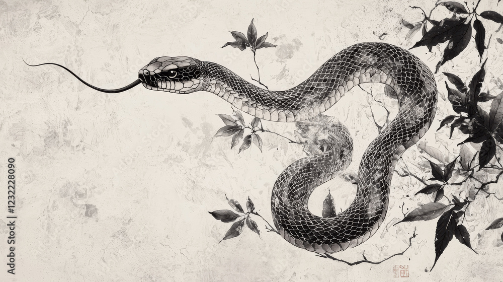 Obraz premium “Slithering Harmony: Eastern Ink Masterpiece”
