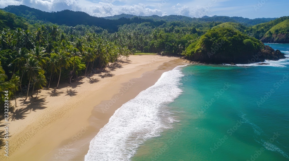 A tropical beach with crystal-clear turquoise waters, gentle waves lapping at golden sand, and palm trees swaying under a bright blue sky. A tropical beach with crystal-clear turquoise waters, gentle waves lapping at golden sand, and palm trees swaying under a bright blue sky.