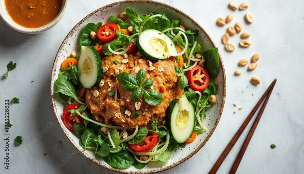 Delicious vegan salad with peanut sauce. Concept of healthy eating and plant based diet. Delicious vegan salad with peanut sauce. Concept of healthy eating and plant based diet.