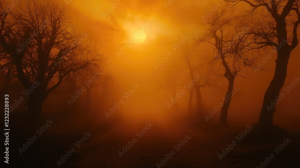 Fototapeta premium Fiery orange fog rolling over a deep black Halloween background, creating a spooky ambiance.