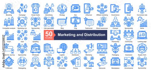 Marketing and Distribution  Icon Collection Set.Containing Branding, Campaign, Social Media, Advertising, Strategy, Seo, Influencer icon. Simple blue style Vector Illustration