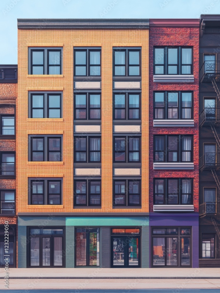Fototapeta premium Vibrant Urban Apartment Building Facade with Retail Spaces