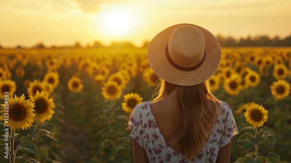 Fototapeta premium Young woman in hat gazes at vibrant sunflower field during sunset with old millet in view