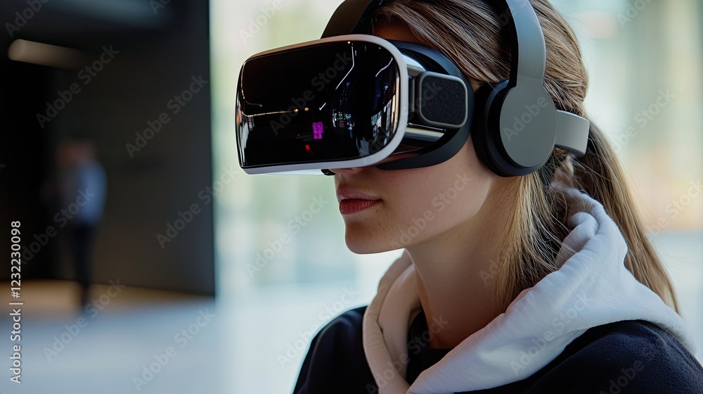 Young Woman Experiencing Virtual Reality Using a VR Headset Indoors Young Woman Experiencing Virtual Reality Using a VR Headset Indoors