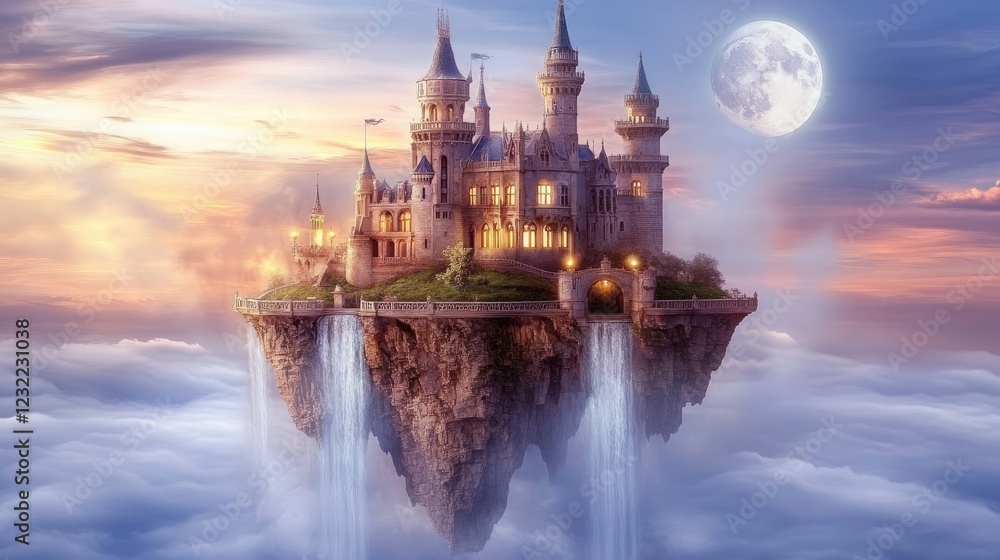 A breathtaking enchanted castle surrounded by mist, with sparkling waterfalls cascading from the cliffs and a glowing moon in the sky. A breathtaking enchanted castle surrounded by mist, with sparkling waterfalls cascading from the cliffs and a glowing moon in the sky.