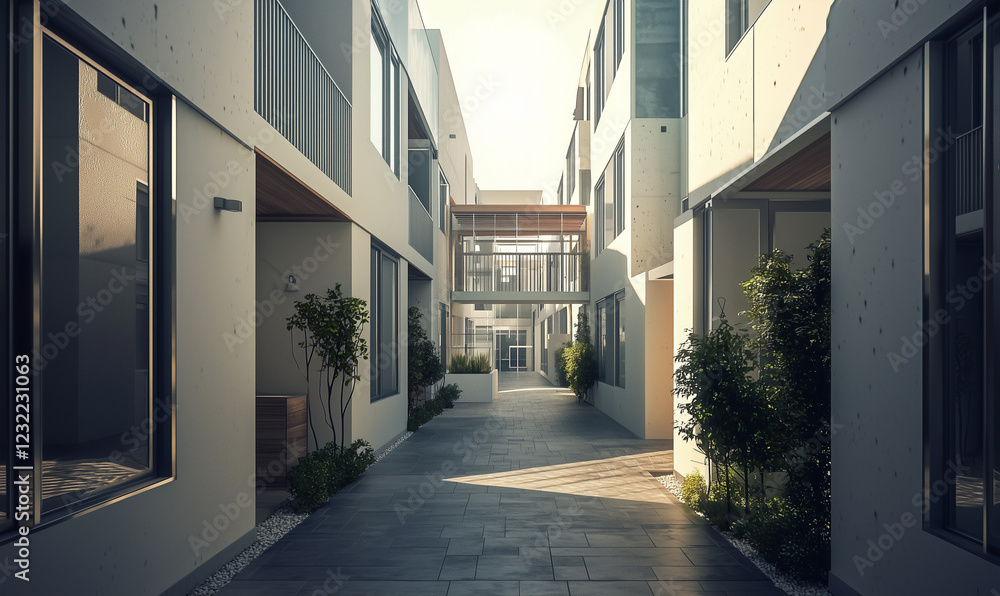 A modern alleyway lined with buildings, featuring greenery and a clear path, illuminated by soft daylight. A modern alleyway lined with buildings, featuring greenery and a clear path, illuminated by soft daylight.