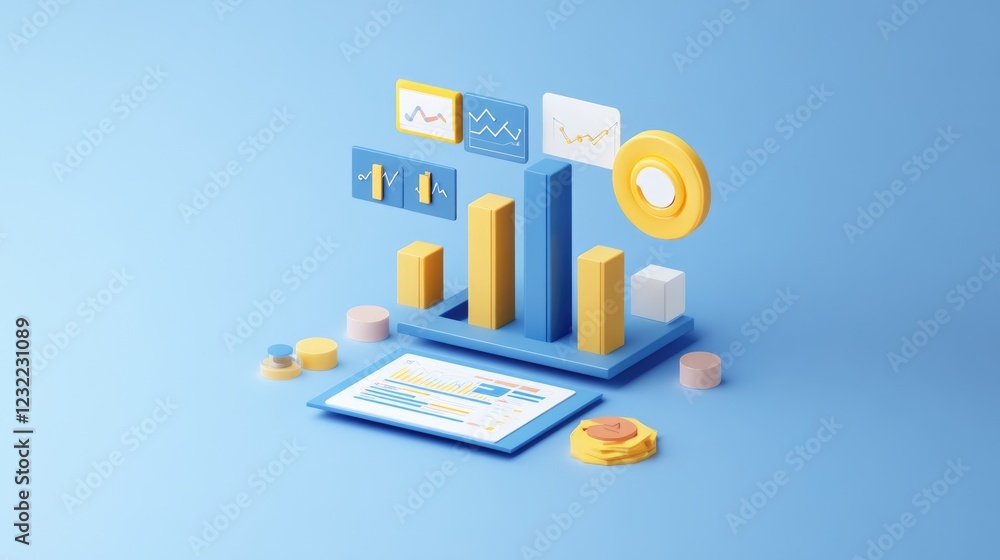A D bar chart displaying digital marketing analytics, modern blue background. A D bar chart displaying digital marketing analytics, modern blue background.