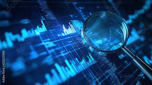 Close-up of a Magnifying Glass Overlaid on a Digital Data Visualization Screen in a Blue Tone