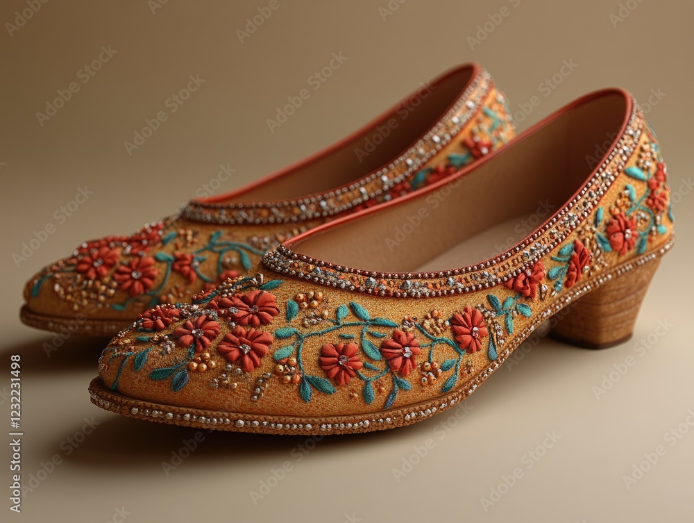 Obraz premium Elegant Embroidered Shoes with Intricate Floral Details on a Neutral Background