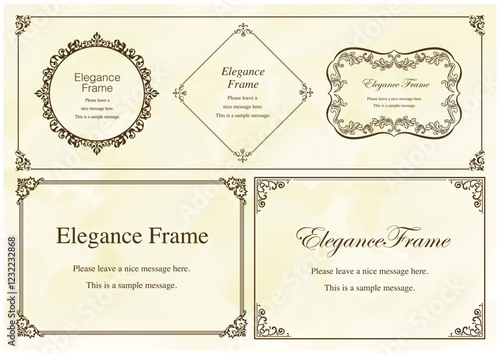 高級感のあるエレガンスなフレームセット、飾り罫、装飾デザイン、上品なあしらい、ブラウン