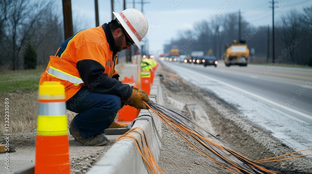 Worker installing cables beside roadway. Worker installing cables beside roadway.