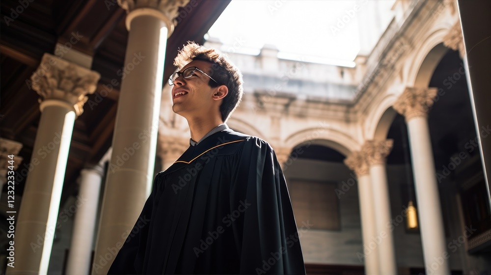 Naklejka premium Joyful male graduate in cap and gown, beaming as he looks up at the ornate university cloister ceiling, amidst graceful columns and arches, commemorating success and optimism