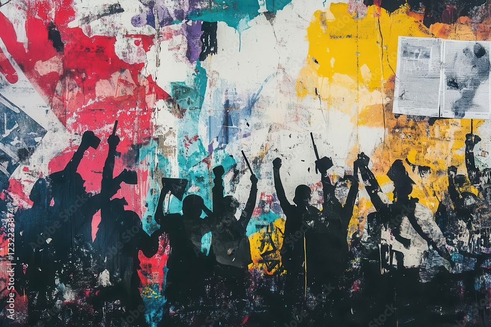 Fototapeta premium urban protest scene rendered in spray paint and torn newspaper aesthetic, bold colors, layered typography, street art texture, political imagery
