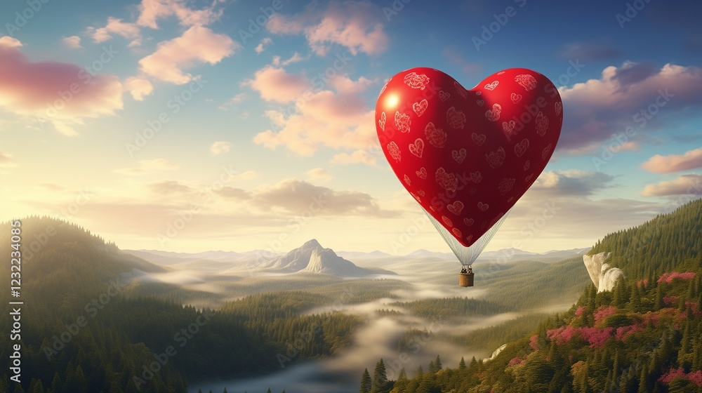 Fototapeta premium A dreamy hot air balloon ride with a giant heart balloon.