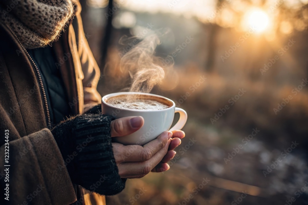 Warmth and Comfort A steaming cup of coffee held in hands bundled in winter attire, enjoying the golden hour outdoors. Warmth and Comfort A steaming cup of coffee held in hands bundled in winter attire, enjoying the golden hour outdoors.