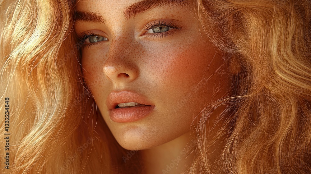 Close up portrait of a person with blonde wavy hair and freckled face Close up portrait of a person with blonde wavy hair and freckled face